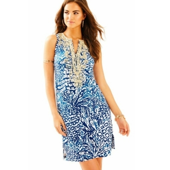 Lilly Pulitzer Dresses & Skirts - Lilly Pulitzer Carlotta Midi Shift Dress Rayon Stretch Boho Cottagecore Blue M